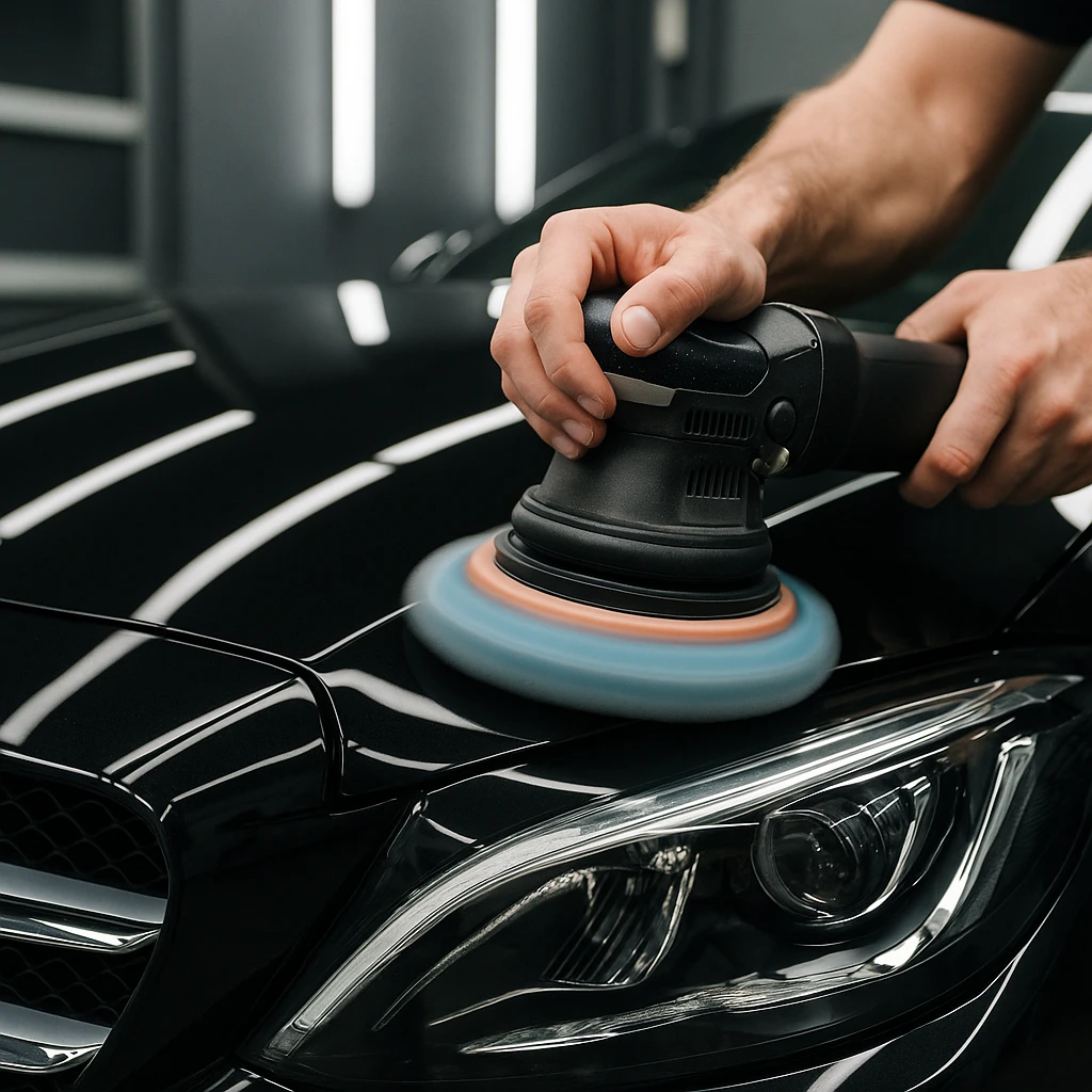 Close-up van een auto die gepolijst wordt door een professional met een poetsmachine in een moderne werkplaat