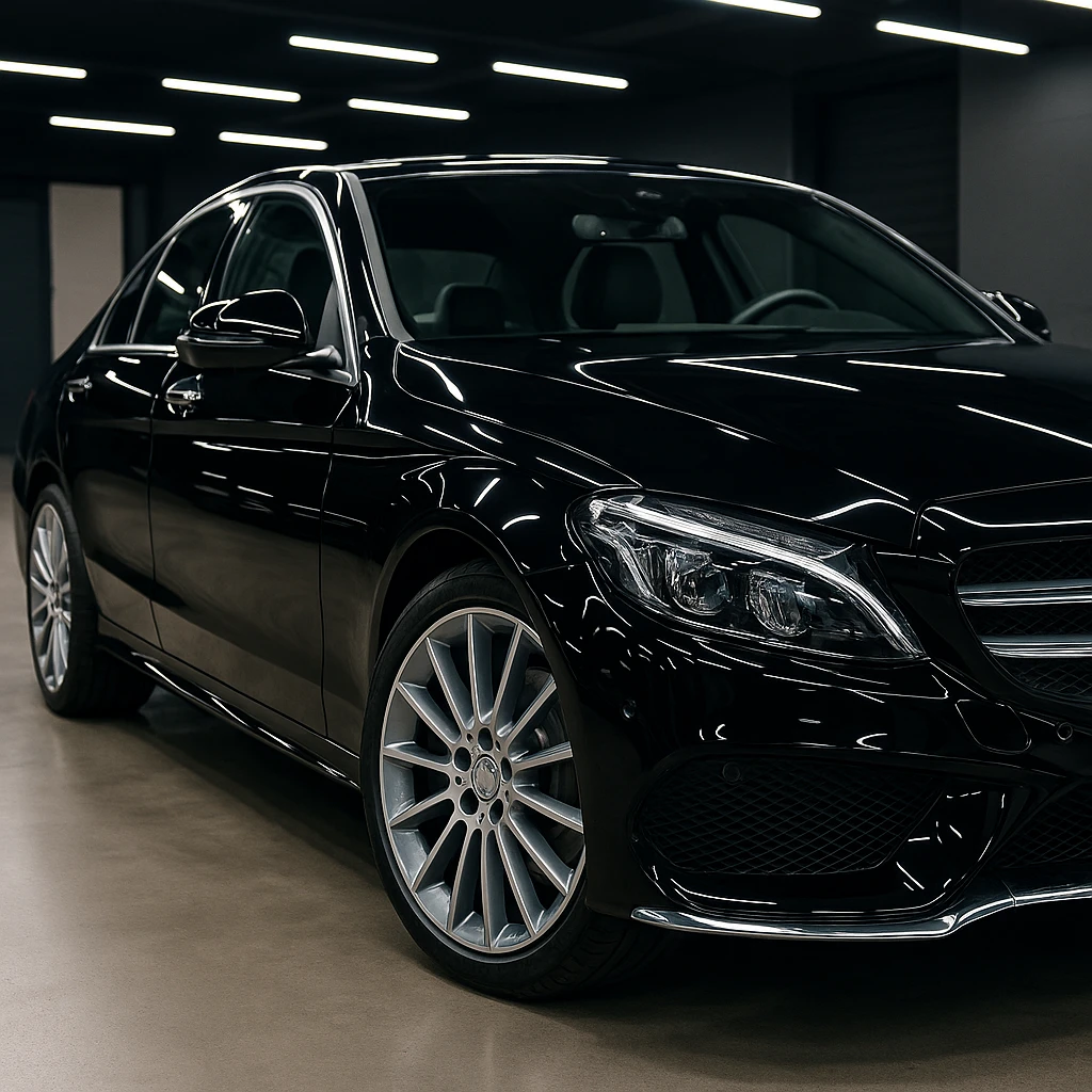 Glanzende zwarte auto in een moderne garage na professionele auto detailing.