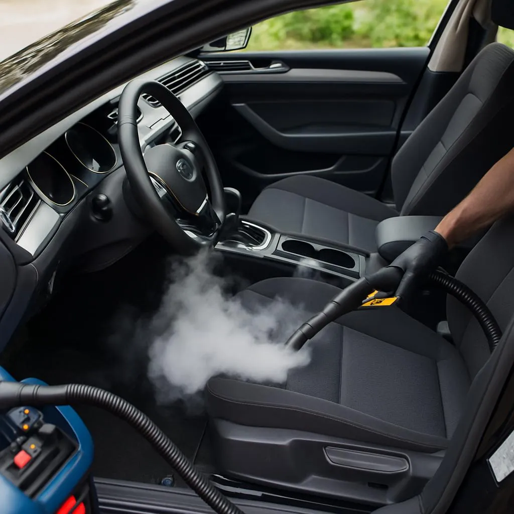 Professionele reiniger maakt het interieur van een auto schoon met stoomreiniging.