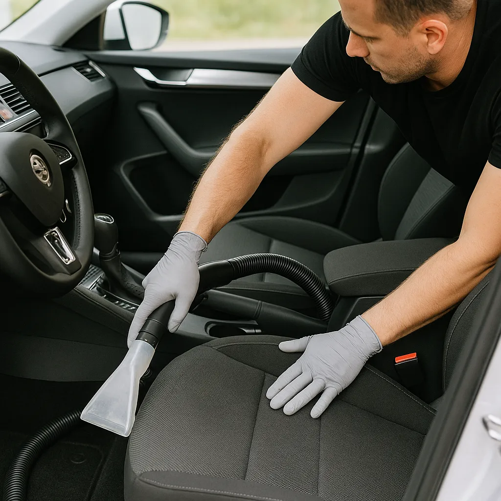 Auto-interieurreiniging op locatie met een specialist die de passagiersstoel van een moderne auto professioneel schoonmaakt