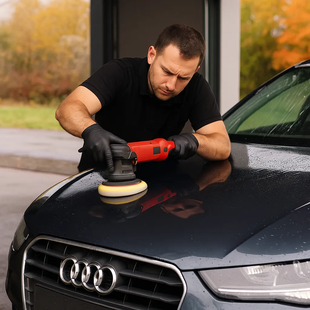 Een autodetailer brengt geconcentreerd wax aan op de motorkap van een donkerblauwe auto in een garageomgeving.