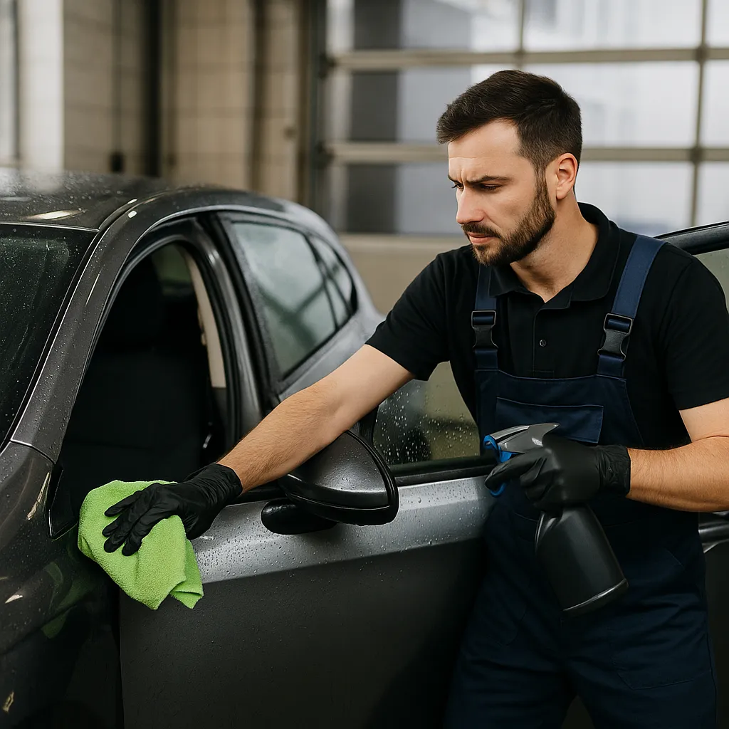 Autopoetser in garage reinigt zorgvuldig een donkergrijze hatchback met een microvezeldoek