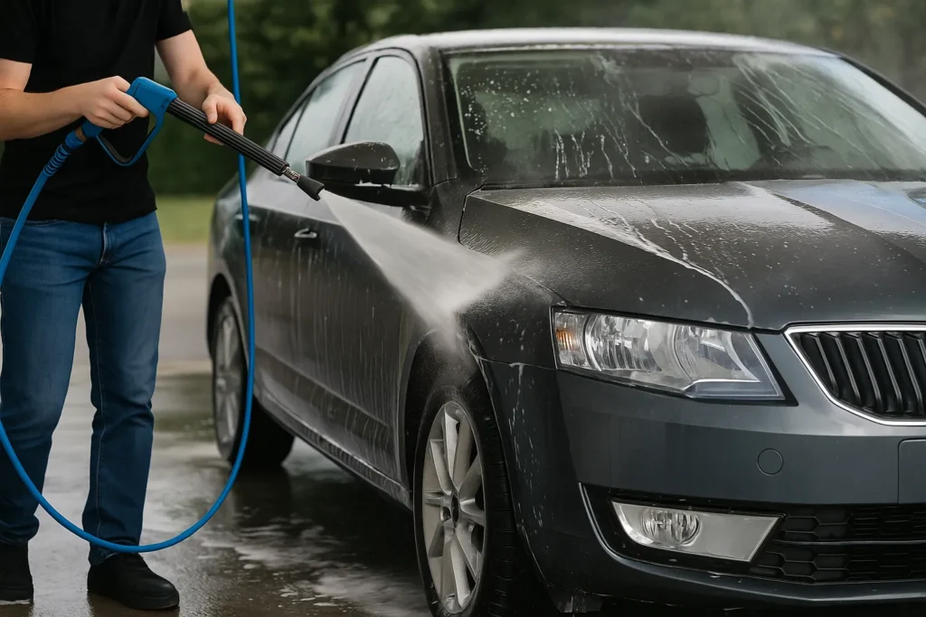 Persoon reinigt auto met hogedrukspuit bij wasplaats
