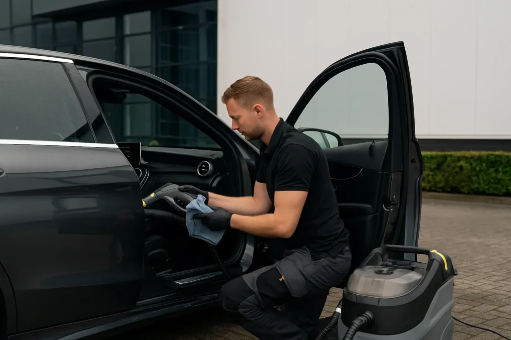 Een specialist in autodetailing reinigt het interieur van een zwarte sedan op locatie bij een modern kantoorpand