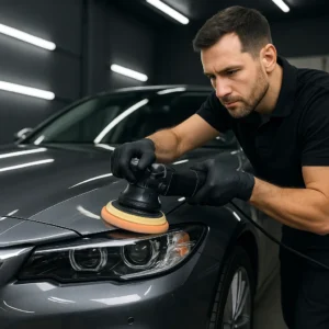Een autopoetser polijst nauwkeurig de motorkap van een glanzende grijze auto in een moderne, goed verlichte garage