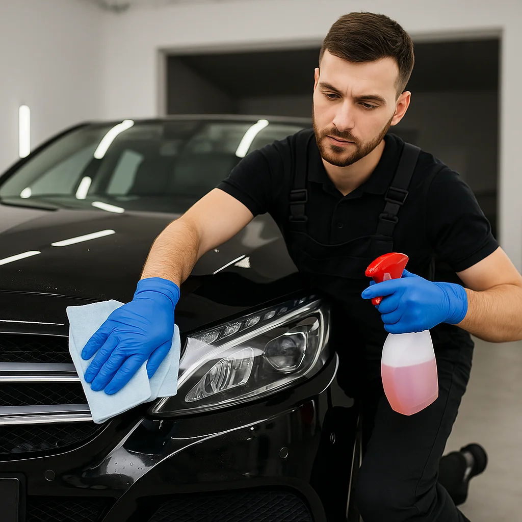 Autodetailer reinigt voorzijde van een zwarte auto met professionele schoonmaakproducten.