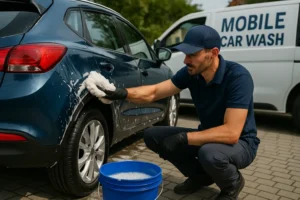 Mobiele detailer wast blauwe hatchback met microvezelwashandschoen en two-bucket-methode op een oprit.