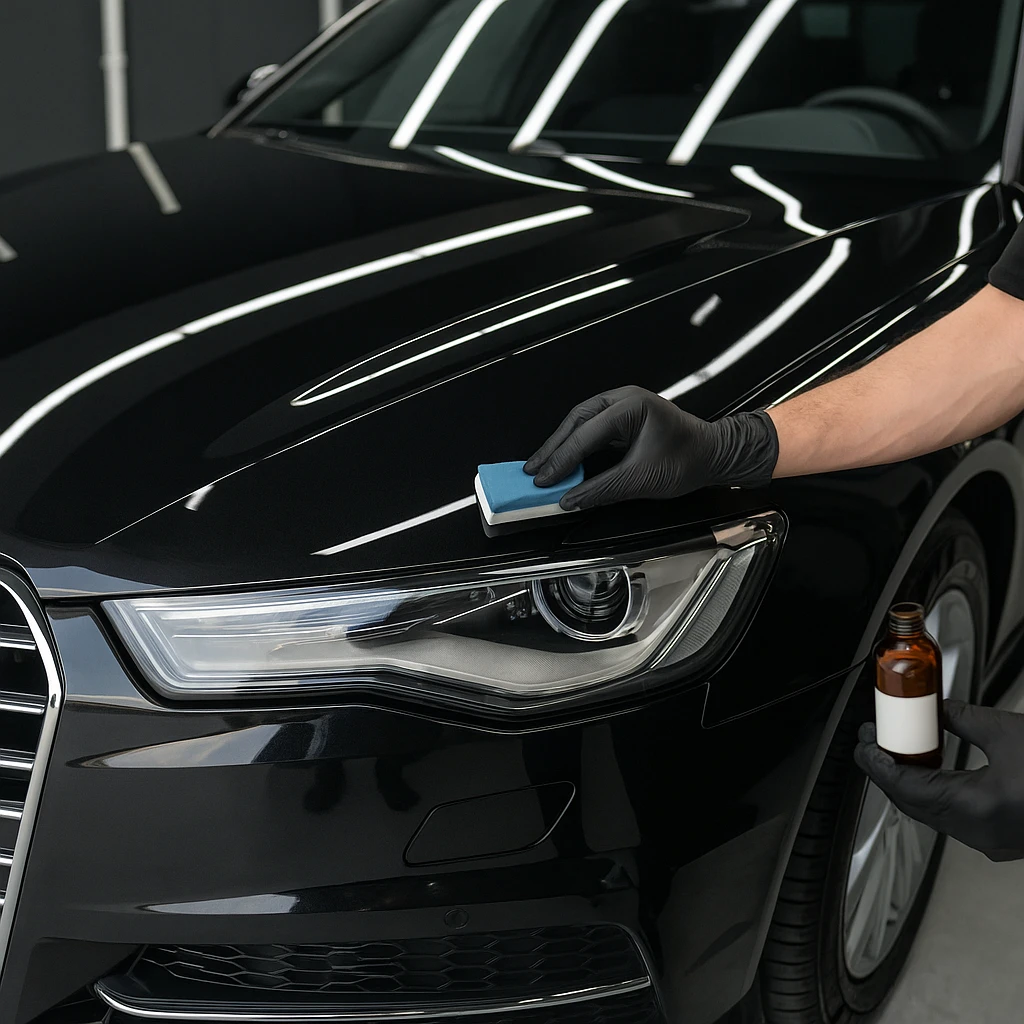 Detailer brengt keramische coating aan op zwarte motorkap van glanzende auto