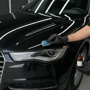 Detailer brengt keramische coating aan op zwarte motorkap van glanzende auto