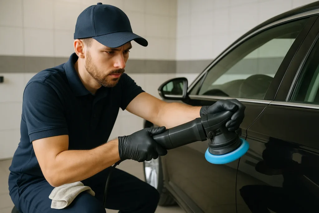 Afbeelding van een professionele autopoetser die een auto polijst in een schone werkruimte, zonder zichtbare tekst of decoratieve elementen