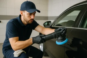 Afbeelding van een professionele autopoetser die een auto polijst in een schone werkruimte, zonder zichtbare tekst of decoratieve elementen