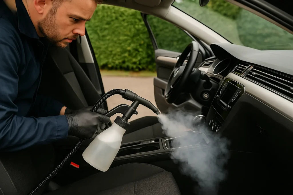 Autopoetser reinigt interieur met stoomreiniger bij geopende deur, stoom trekt op uit het stoelframe