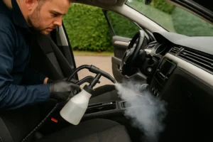 Autopoetser reinigt interieur met stoomreiniger bij geopende deur, stoom trekt op uit het stoelframe