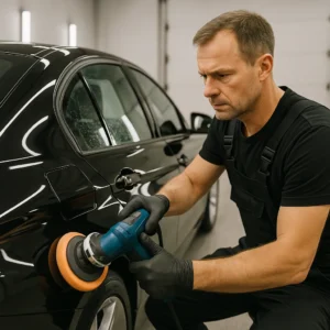 Een autopoetser polijst zorgvuldig een zwarte sedan met een poetsmachine in een schone garage