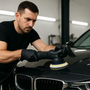Detailer polijst de motorkap van een donkere auto met een dual-action machine in een helder verlichte werkplaats; realistische scène zonder zichtbare tekst