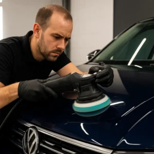 Autopoetser polijst met precisie de motorkap van een blauwe auto in een werkplaats