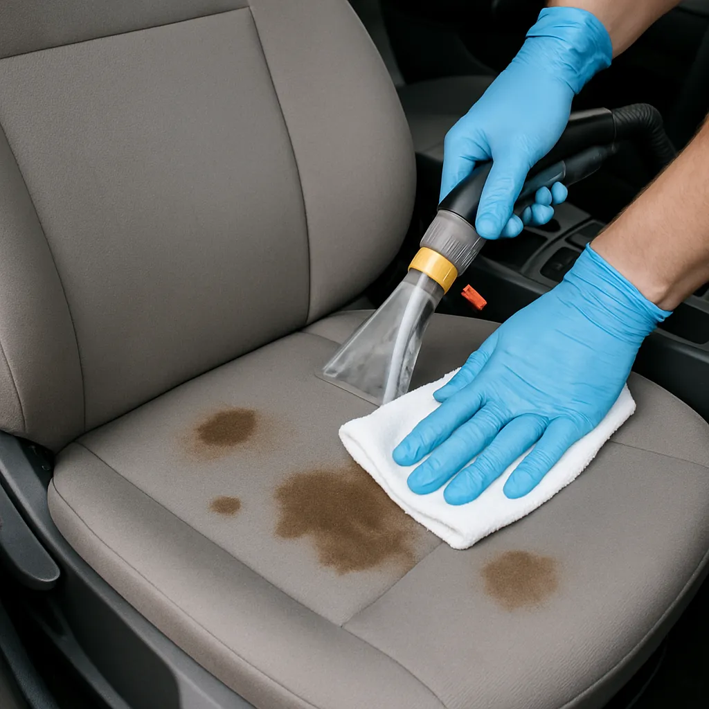Een autostoel wordt schoongemaakt met een handstoomreiniger en microvezeldoek terwijl bruine vlekken worden behandeld