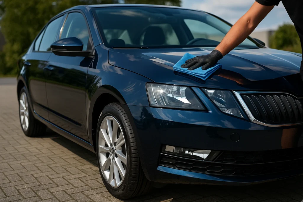 Autopoetser met zwarte handschoen wrijft met blauwe microvezeldoek over glanzende motorkap