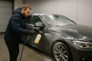 Professionele autopoetser spuit dik schuim op een donkergrijze sedan in een verwarmde garage; realistische wintervoorbereiding zonder zichtbare tekst