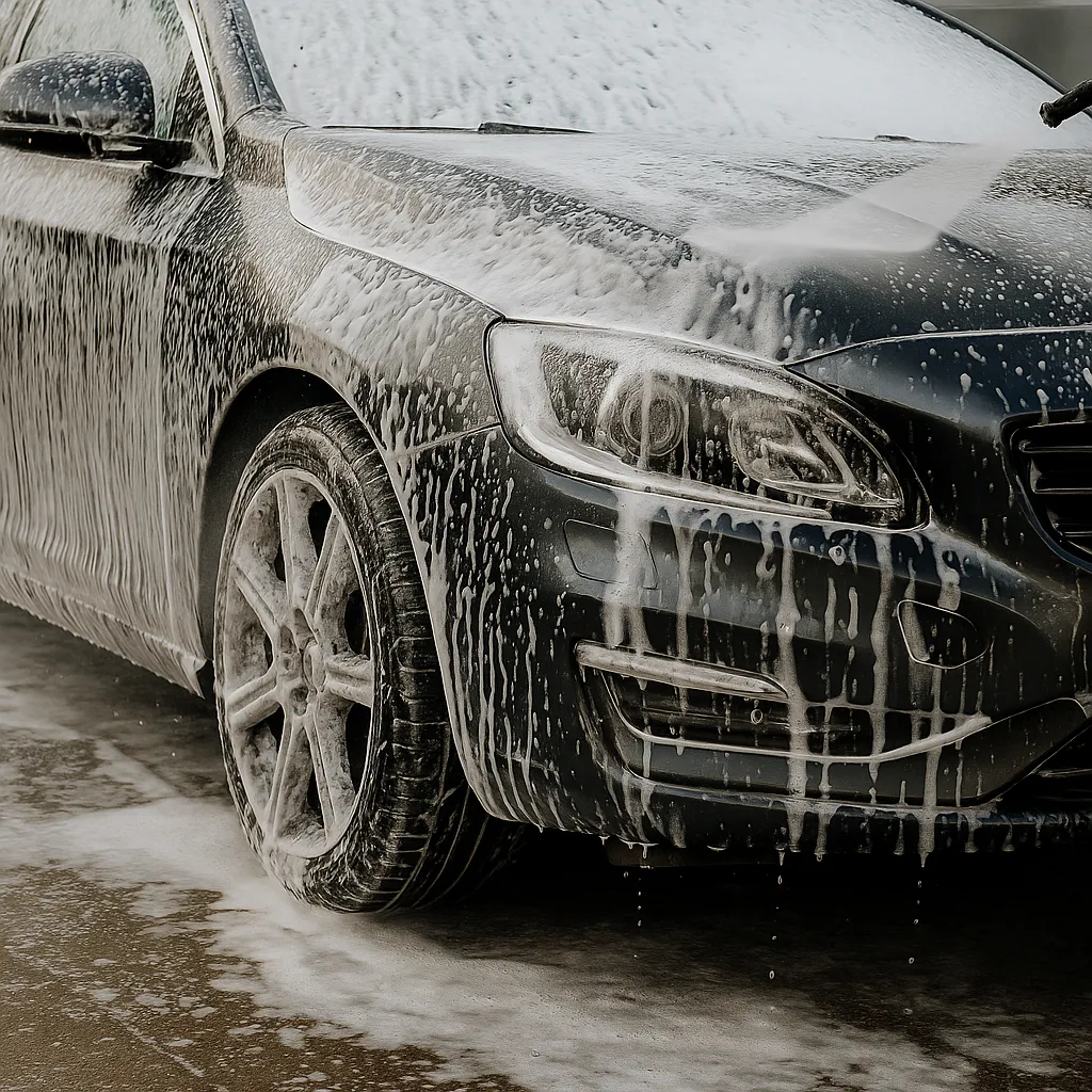 Een auto wordt gewassen met schuim en waterstraal, zichtbaar op de voorzijde en wiel