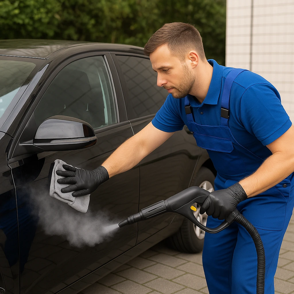 Autopoetser met stoomreiniger maakt zwarte auto schoon op oprit bij woning