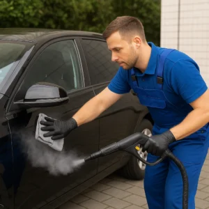 Autopoetser met stoomreiniger maakt zwarte auto schoon op oprit bij woning