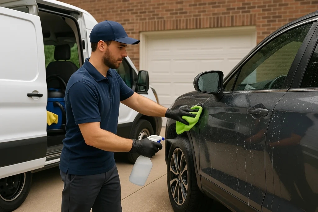 Autowasspecialist reinigt een SUV voor een woning met een mobiele wasservicebus op de achtergrond.