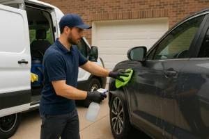 Autowasspecialist reinigt een SUV voor een woning met een mobiele wasservicebus op de achtergrond.