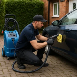 Mobiele detailer reinigt donkerblauwe sedan met stoomreiniger en microvezeldoek op oprit; realistische foto zonder zichtbare tekst