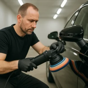 Autopoetser polijst doffe lak op een zwarte auto met professionele machine