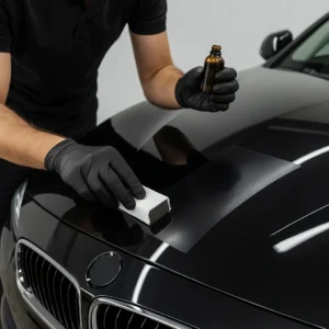 Een autopoetser brengt met een applicator een keramische coating aan op een glanzende zwarte motorkap in een goed verlichte werkruimte