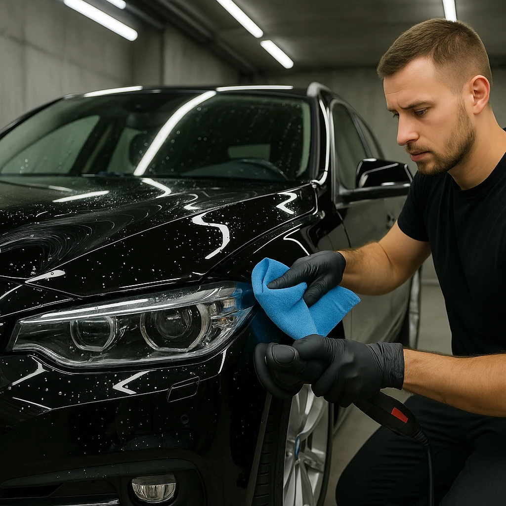 Specialist detailt glanzende zwarte auto met polijstmachine en doek in garage