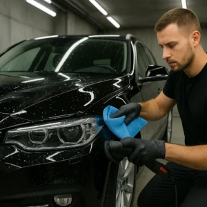 Specialist detailt glanzende zwarte auto met polijstmachine en doek in garage