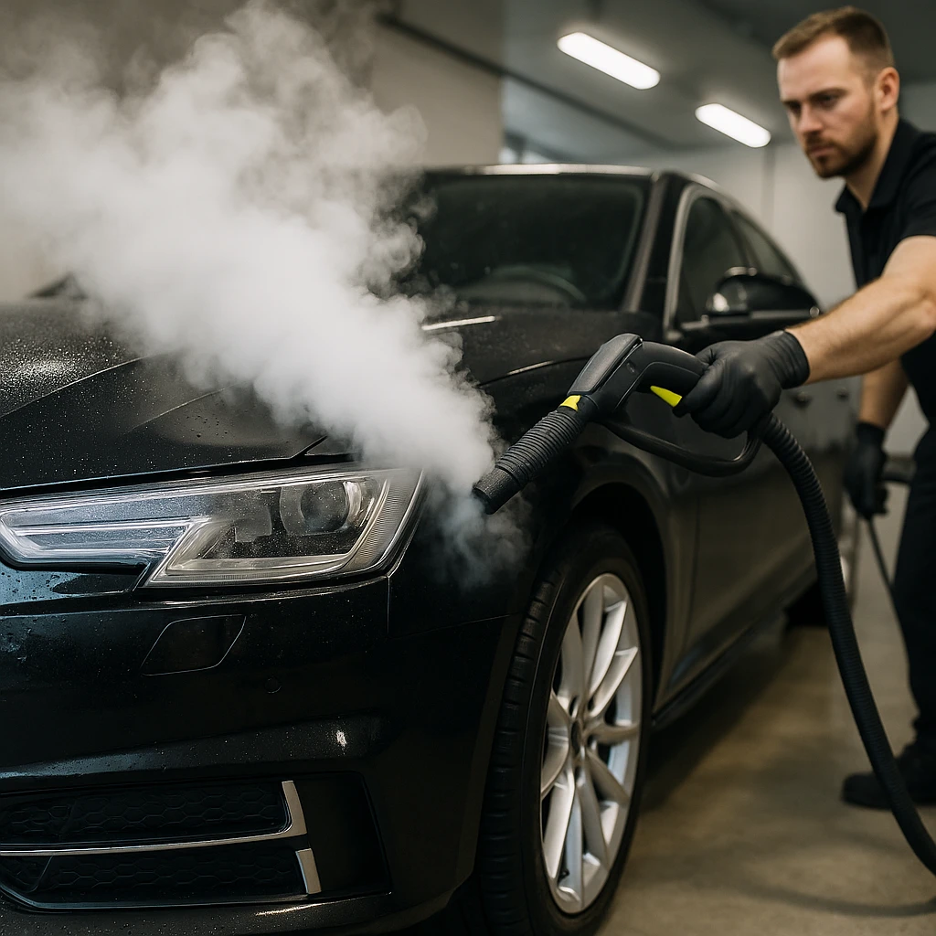 Autopoetser gebruikt stoomreiniger op zwarte sedan in moderne garageomgeving