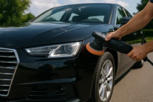 Auto detailer polijst glanzende zwarte sedan met professionele machine