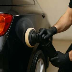 Autotechnicus voert lakcorrectie uit op zwarte auto met polijstmachine