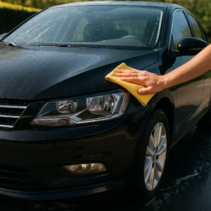 Hand droogt glanzende zwarte auto met gele microvezeldoek in de zon