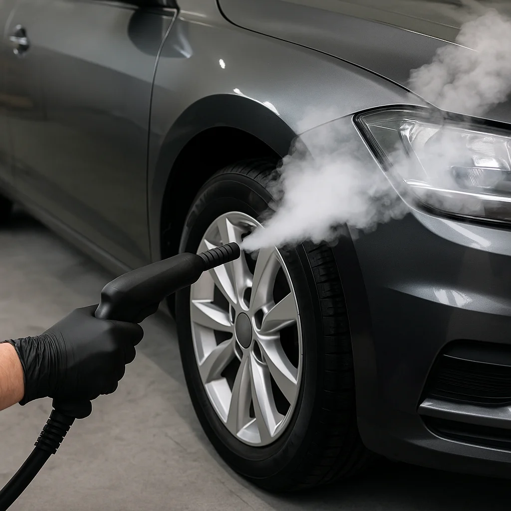 Auto wordt gereinigd met stoom op de voorwielkast door een professional in zwarte handschoenen.