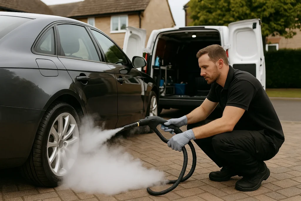Auto stoomreiniging op locatie bij een woning