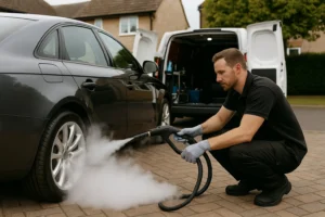 Auto stoomreiniging op locatie bij een woning