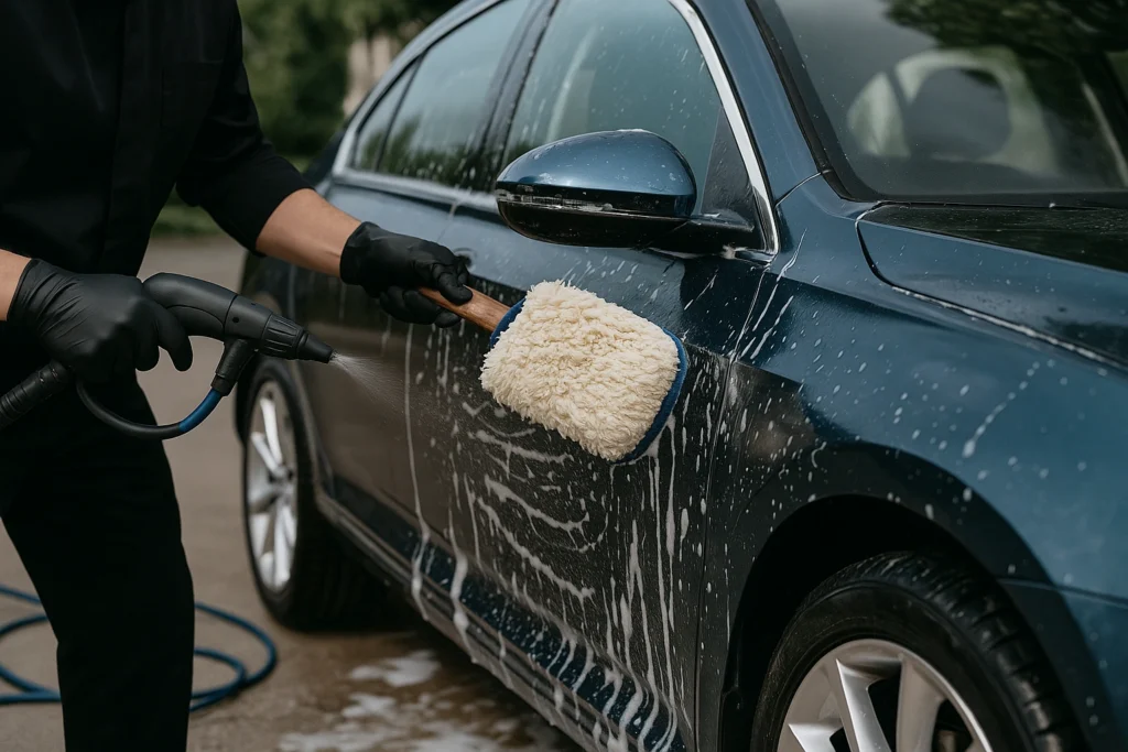 Mobile auto detailer hand washes a dark blue sedan with foam and steam at an outdoor location.