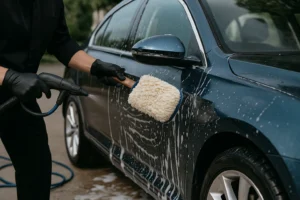 Mobile auto detailer hand washes a dark blue sedan with foam and steam at an outdoor location.