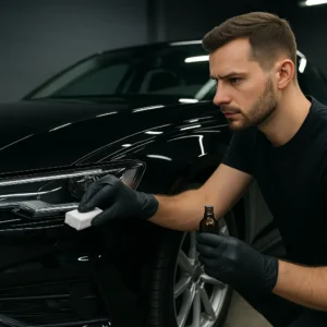 Detailer wrijft blauwe pad met coating over zwarte autolak in goed verlichte ruimte.