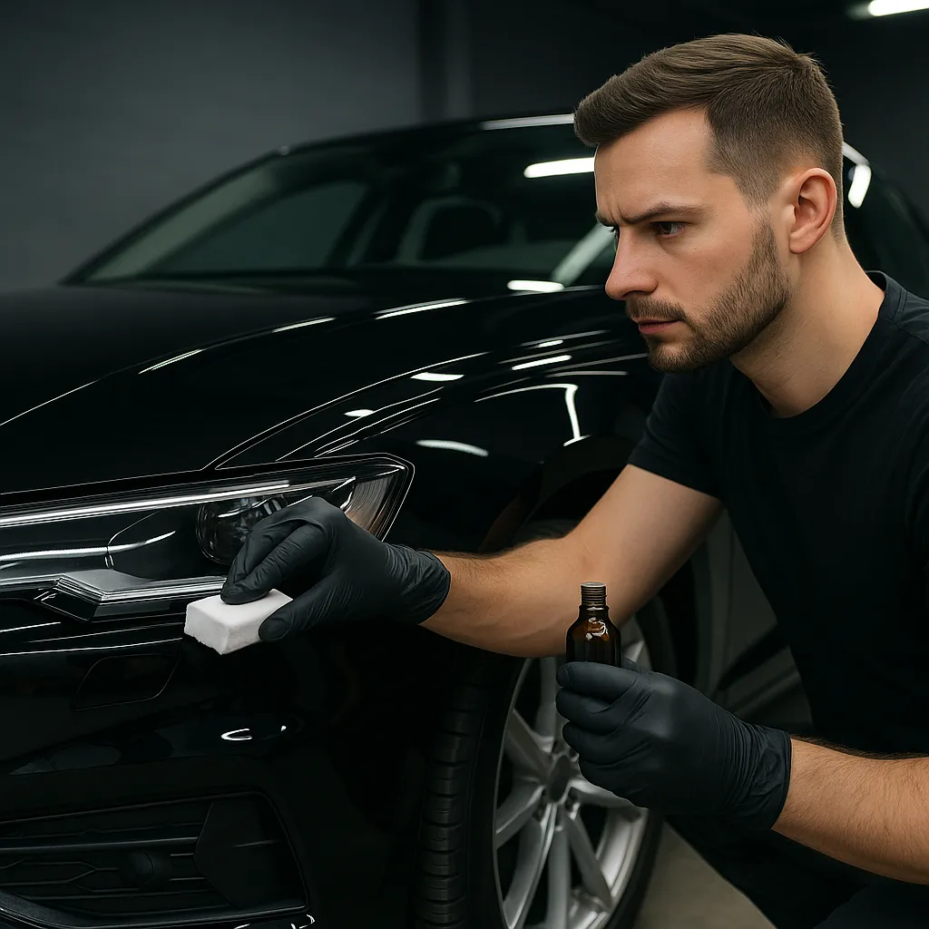 Detailer wrijft blauwe pad met coating over zwarte autolak in goed verlichte ruimte.