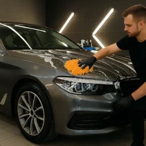 Auto wordt gewassen met microvezelwashandschoen in professionele garage