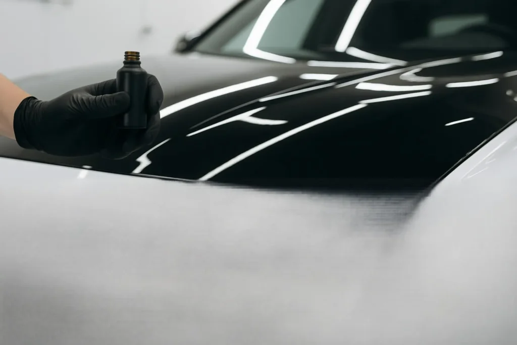 Detailer met zwarte handschoenen brengt zorgvuldig keramische coating aan op een glanzend wit autodak met een microvezelpad in een helder verlichte werkplaats.