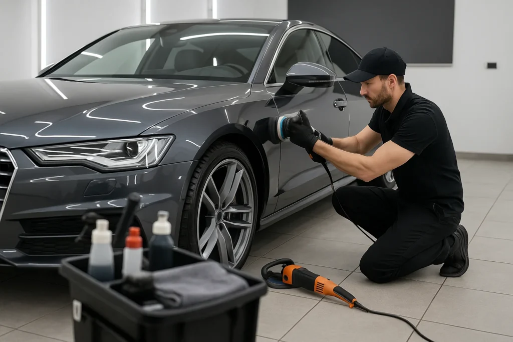 Autopoetser polijst donkergrijze auto met machine in moderne, goed verlichte garage