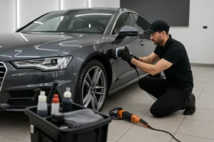 Autopoetser polijst donkergrijze auto met machine in moderne, goed verlichte garage