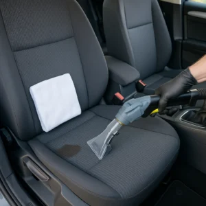 Autozetel wordt professioneel gereinigd met een stoomzuiger terwijl een koffievlek zichtbaar is op de bekleding