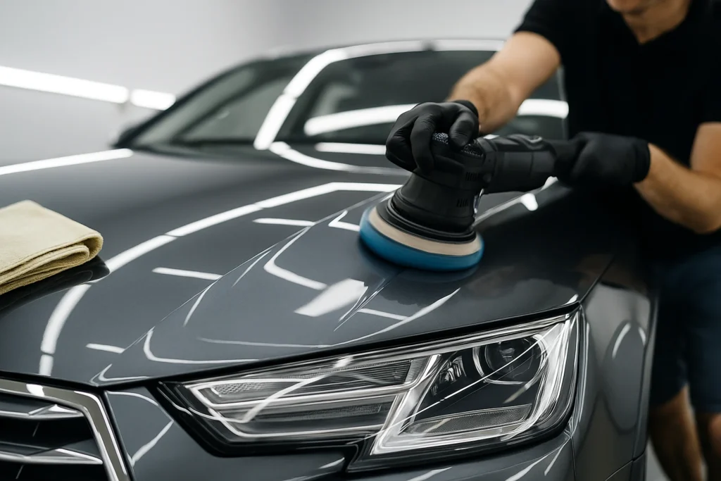 Professionele autopoetsbeurt met polijstmachine op een donkere auto in een detailstudio